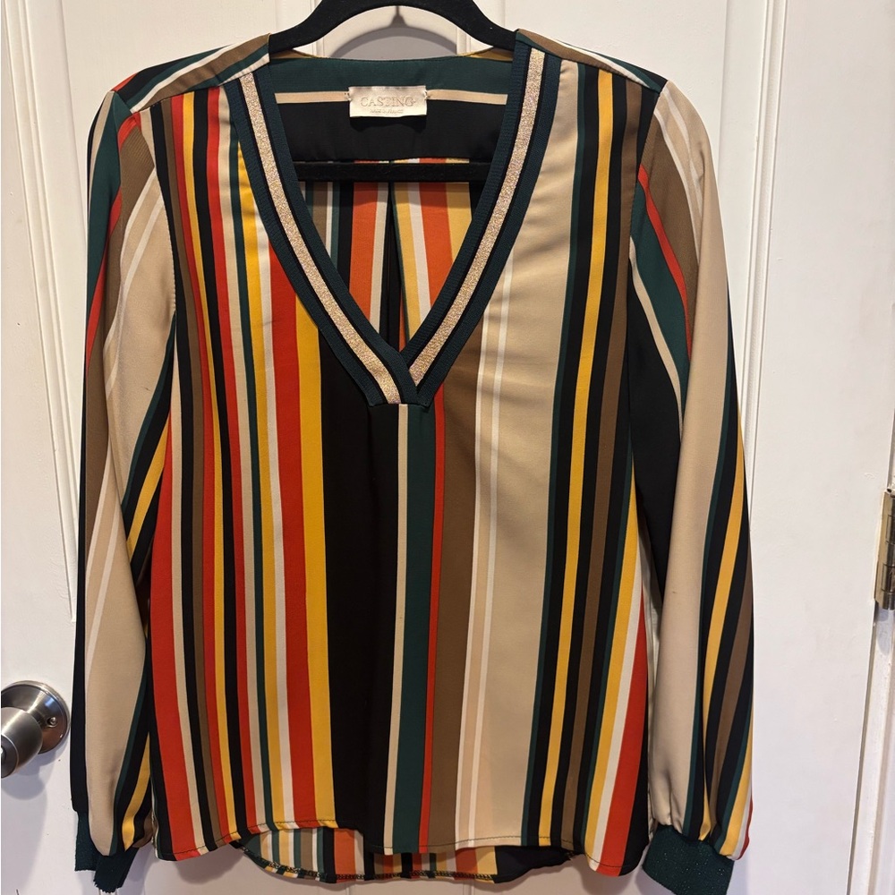 Made in Paris, Multicolor Striped V-Neck Blouse — Beige, Black, Green, Gold